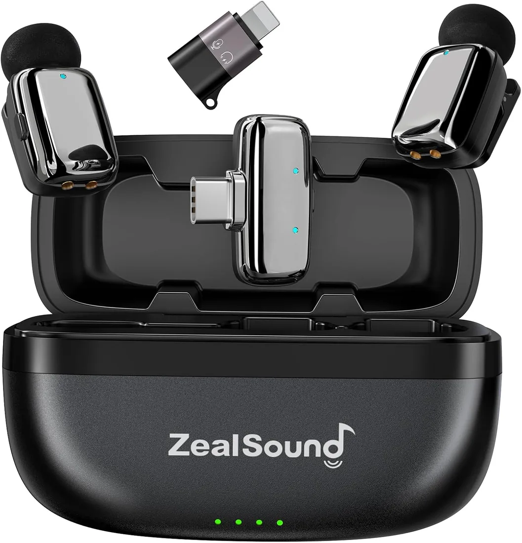 zealsound Mini Micrófono Inalámbrico para iPhone, Android y PC, M6 Plata | Reducción de Ruido, Receptor USB-C y adaptador Lightning, 33H Duración, microfono movil para vlog, podcast, Grabación