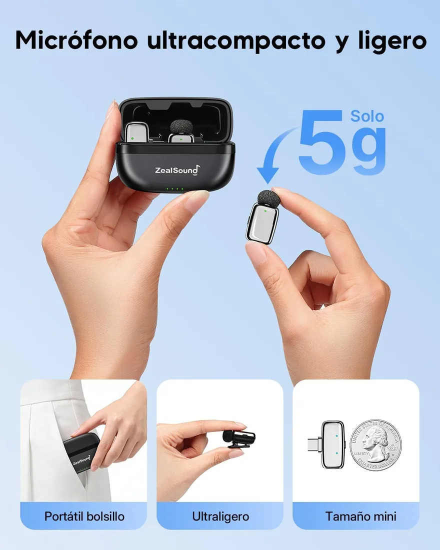 zealsound Mini Micrófono Inalámbrico para iPhone, Android y PC, M6 Plata | Reducción de Ruido, Receptor USB-C y adaptador Lightning, 33H Duración, microfono movil para vlog, podcast, Grabación foto 2