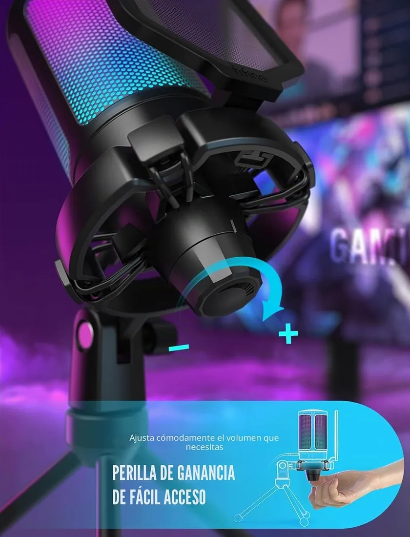 FIFINE Gaming Microfono para PC PS4 PS5, USB Condensador Micrófono de Cardioide para Ordenador Podcast Streaming Studio, con RGB, Botón de Silencio, Trípode, Filtro Anti-Pop, Soporte de Choque foto 3