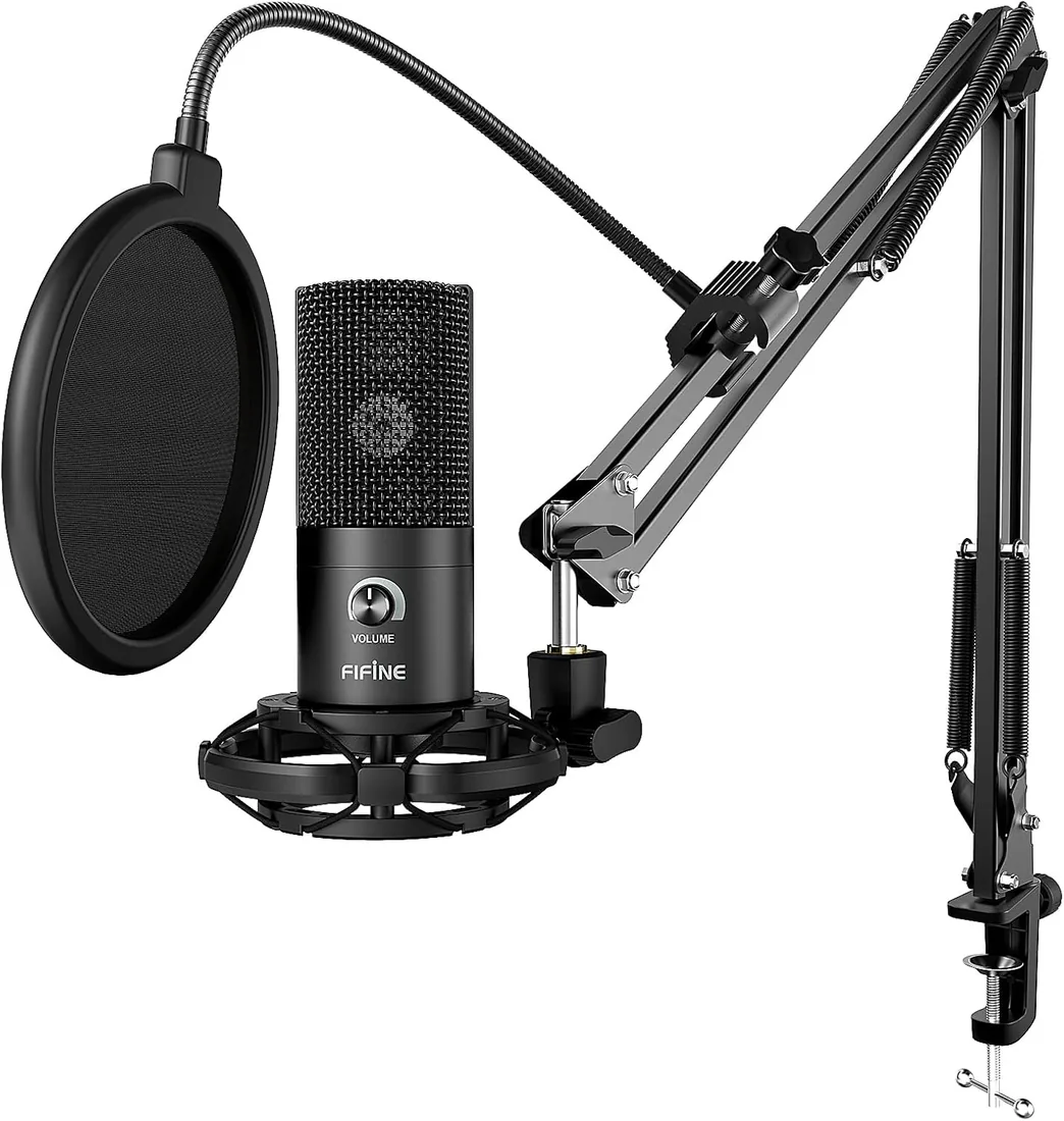 FIFINE Micrófono USB de Condensador para Estudio, Kit de Microfono Ordenador PC con Soporte de Brazo de Tijera Ajustable Soporte de Choque para Instrumentos Grabación Podcasting Youtube Gaming