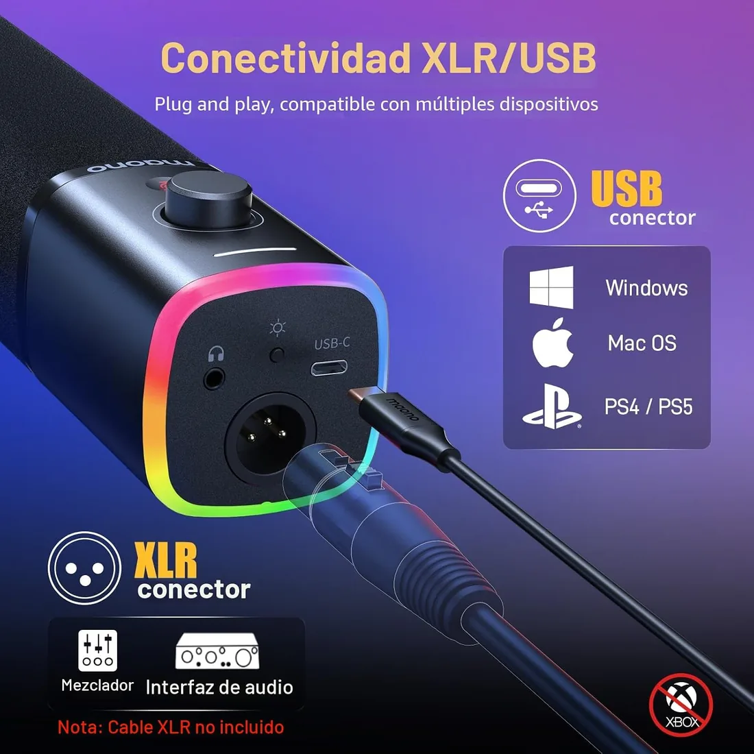 MAONO Micrófono dinámico para Juegos: micrófono dinámico USB XLR para computadora con Software-RGB para PC, Kit de micrófono para Gamer-Podcast, para Estudio de grabación de Streaming foto 3