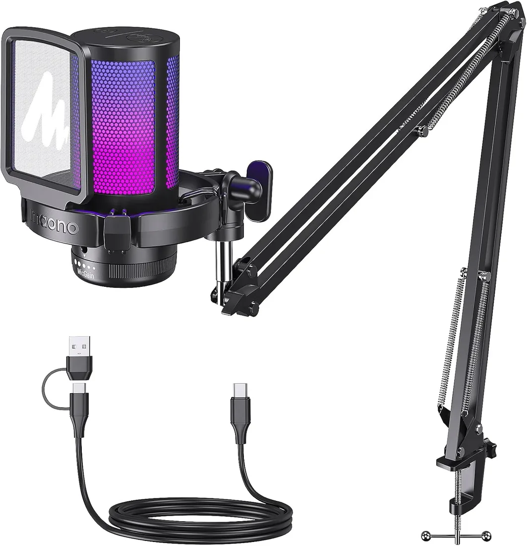 MAONO Microfono Gaming, USB Micrófono Condensador con Cancelación de Ruido para Streaming Podcast Studio, Compatible con PS5/PS4/Mac con Luces RGB Controlables, Botón de Silencio, Control de Ganancia