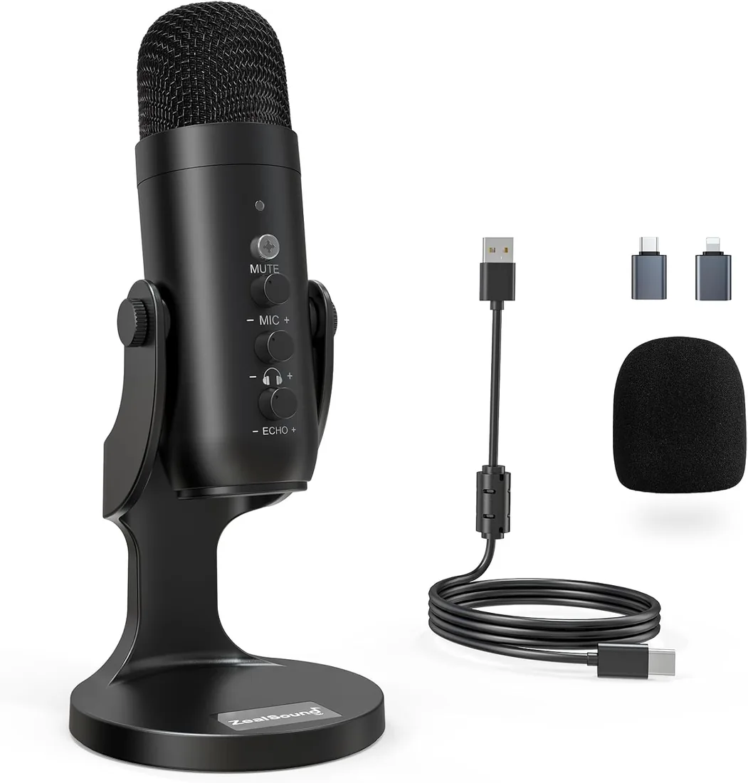 zealsound Micrófono USB para PC, Móvil y Tablet, Micrófono de Condensador de Sobremesa con Reducción de Ruido, Silencio, Monitorización y Eco, para Gaming, Streaming, Podcast, ASMR, Negro