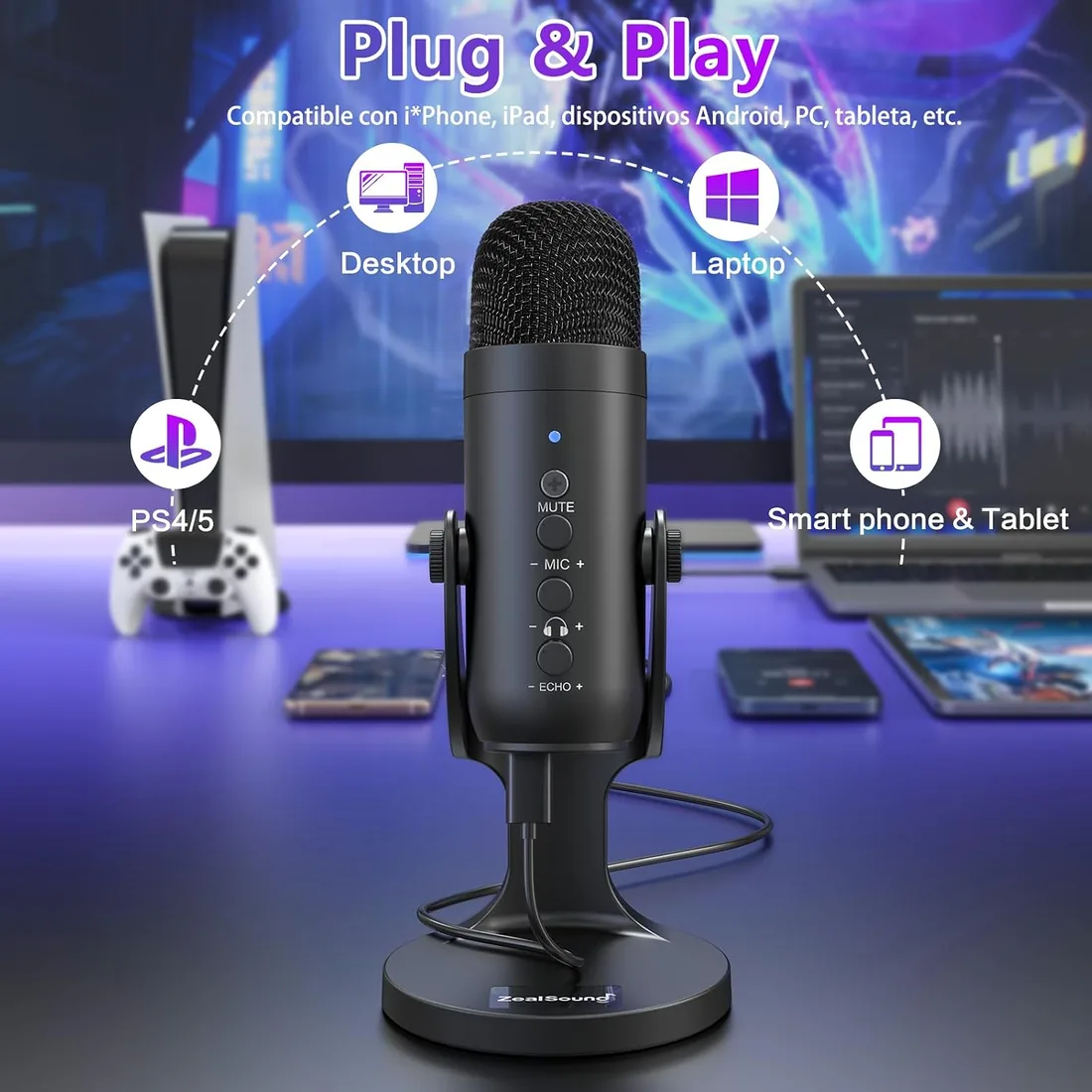 zealsound Micrófono USB para PC, Móvil y Tablet, Micrófono de Condensador de Sobremesa con Reducción de Ruido, Silencio, Monitorización y Eco, para Gaming, Streaming, Podcast, ASMR, Negro foto 2