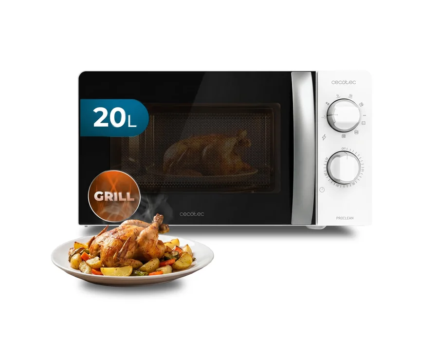 Cecotec Microondas 20L con Grill ProClean 2110 Wave. 700W con 6 Niveles de Potencia, Capacidad 20 L, Función Grill, Tecnología 3DWave, Modo Descongelación, Temporizador hasta 30min