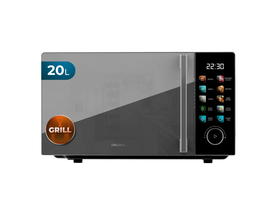 Cecotec Microondas 20L con Grill Proclean 6130 Black. 700 W y Grill de 800 W, 8 Programas, 10 Niveles de Potencia, Pantalla Táctil a Color, Descongelación, Temporizador, Plato Gira