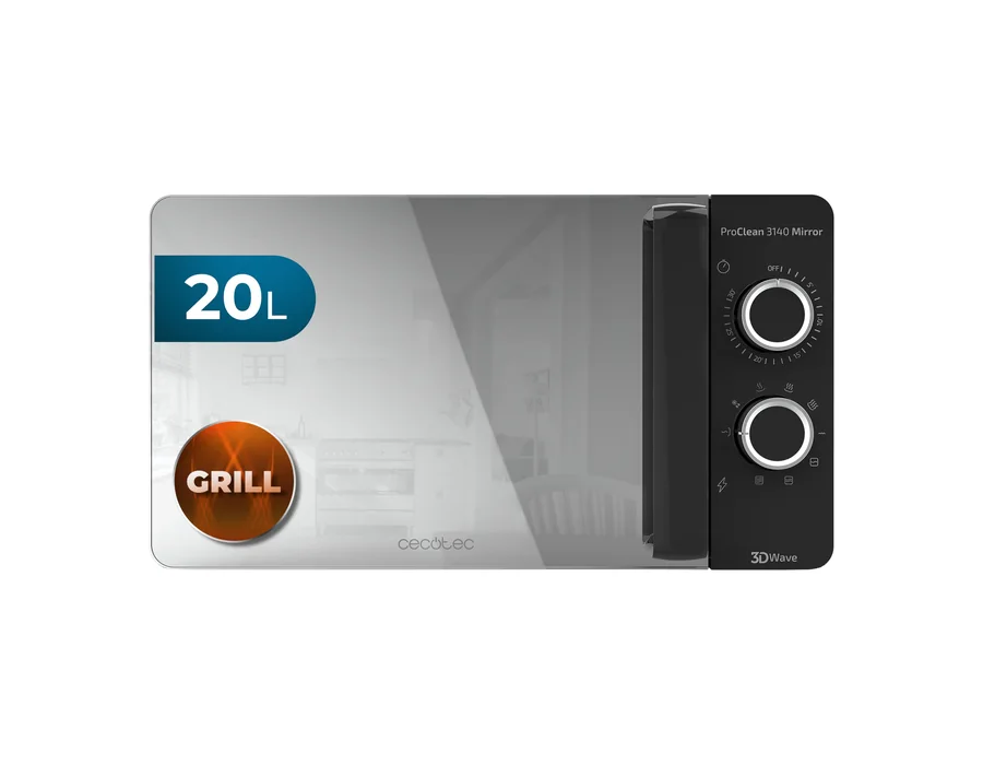 Cecotec Microondas de 20 Litros ProClean 3140 Mirror. 700 W con 6 Niveles, Grill 800W, Revestimiento Ready2Clean para mejor Limpieza, Tecnología 3DWave, Negro con Efecto Espejo