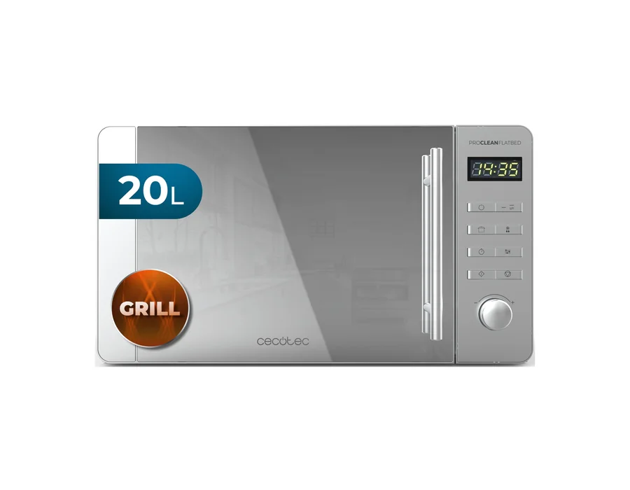 Cecotec Microondas de 20L Proclean 5120 Flatbed. Inox Potencia de 700W y Grill de 800W, 8 Programas, Pantalla Led, Diseño Mirrordoor, Interior Cerámico, Temporizador 30 Min, Tecnol