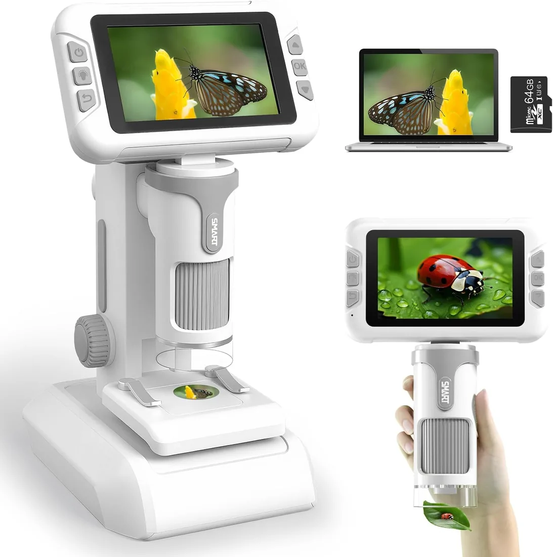 Charmofun Microscopio para Niños, Microscopio Portátil Niños con Tarjeta de Memoria de 64G, Microscopios Digital Infantil con Pantalla LCD de 4", Aumento 1600X, Fotos y Videos, Función Portátil y Fija