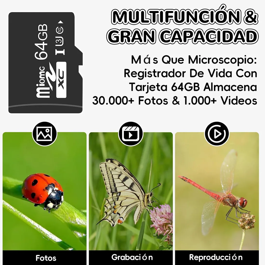 Charmofun Microscopio para Niños, Microscopio Portátil Niños con Tarjeta de Memoria de 64G, Microscopios Digital Infantil con Pantalla LCD de 4", Aumento 1600X, Fotos y Videos, Función Portátil y Fija foto 3