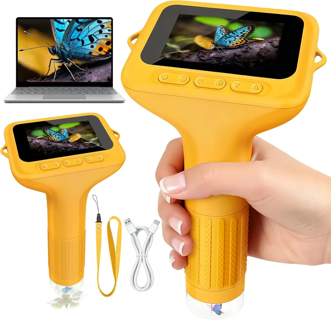 Microscopio Digital para Niños, 1000X Mini Microscopio Portátil con Pantalla IPS de 2,0" y 8 Luces LED, microscopio de Mano USB Type-C Compatible con PC, Juguete Científico Educativo Desde 3+