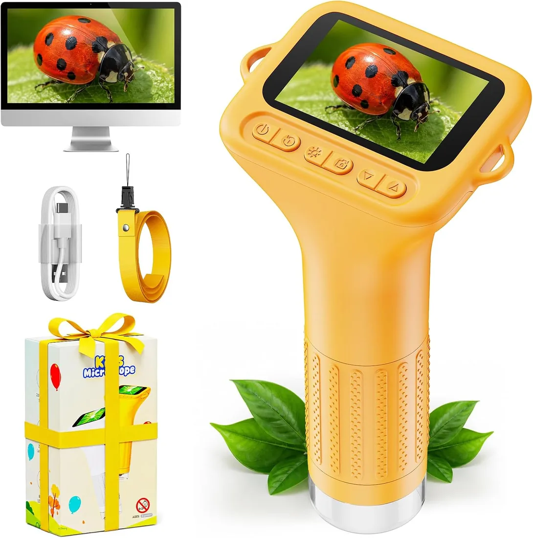 Microscopio Niños 1000X, Pantalla IPS 2", Foto y Vídeo (Amarillo) | Microscopio Digital Portátil con Pantalla IPS de 2 Pulgadas, 8 LED Ajustables, Juguete Educativo para Niños y Niñas