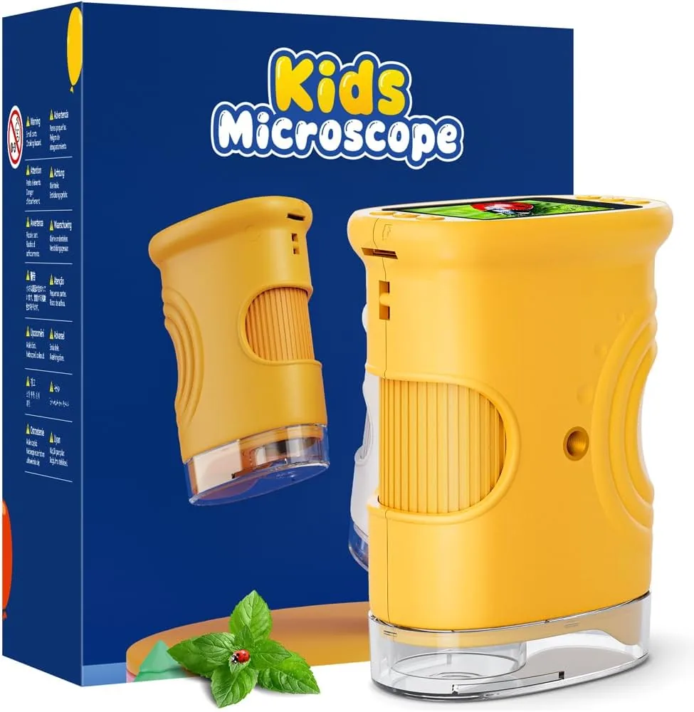 Microscopio para niños, Temodu Pantalla IPS de 2.0'', 1000X Microscopio Digital Exterior Electrónico Recargables, con 8 Luces LED, Regalo para Cumpleaños Cumpleaños/Navidad/Año Nuevo (382-Yellow)