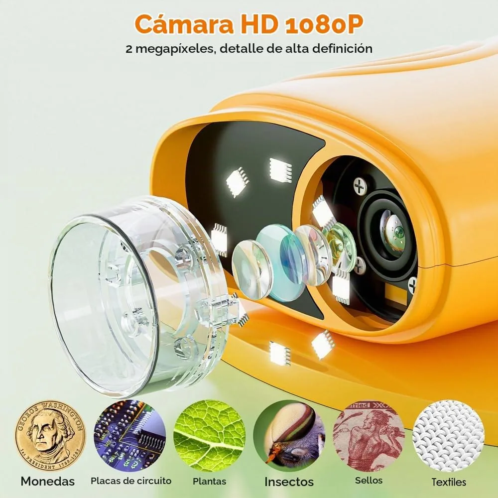 Microscopio para niños, Temodu Pantalla IPS de 2.0'', 1000X Microscopio Digital Exterior Electrónico Recargables, con 8 Luces LED, Regalo para Cumpleaños Cumpleaños/Navidad/Año Nuevo (382-Yellow) foto 2