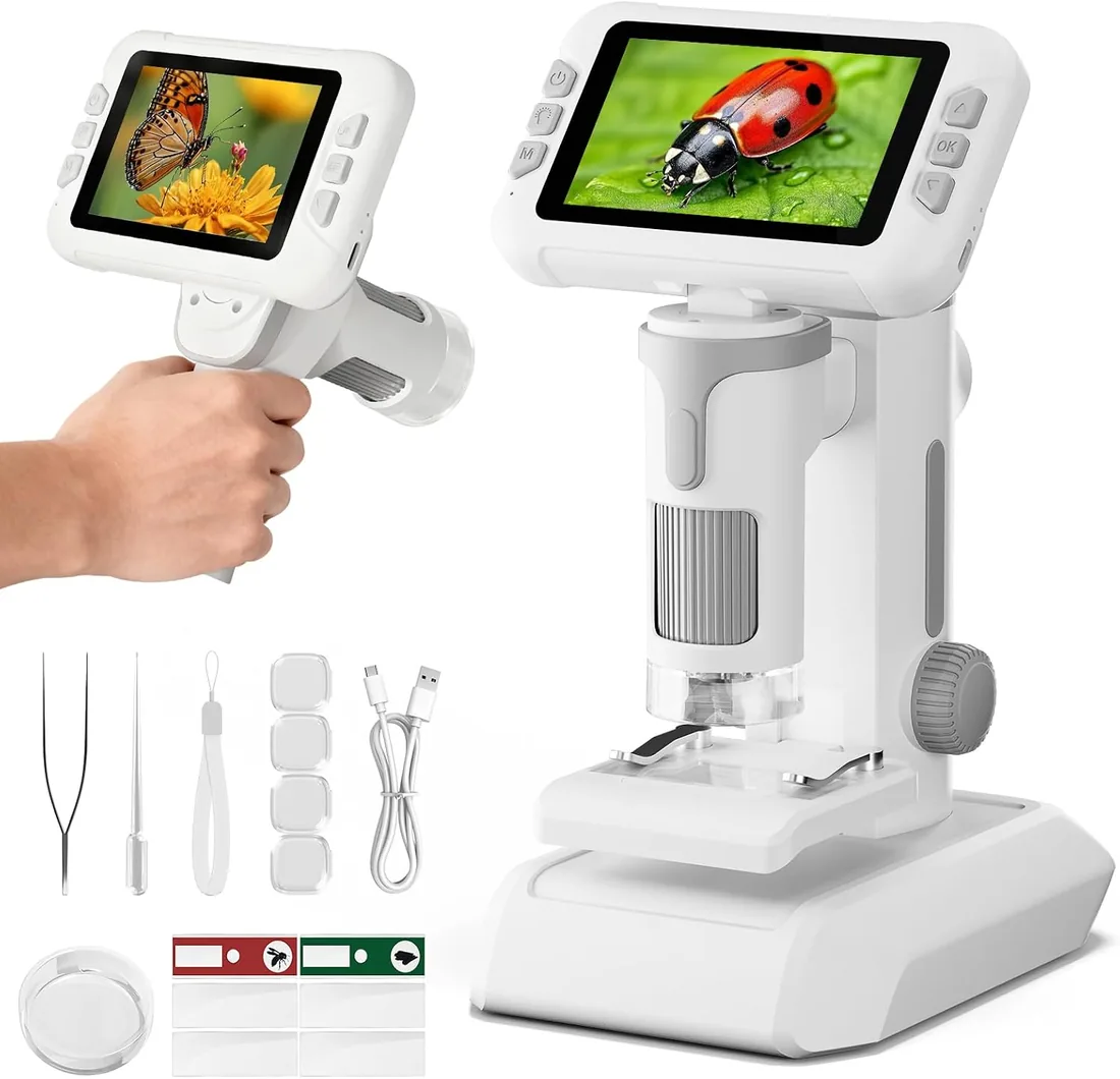 1600X Microscopio para Niños, 4.0" Pantalla Microscopio Digital con Kit de Portaobjetos y 6 Luces LED, Juguetes Ciencias Educativas, Niños Alumnos de 3 a 12 Años (Gris)