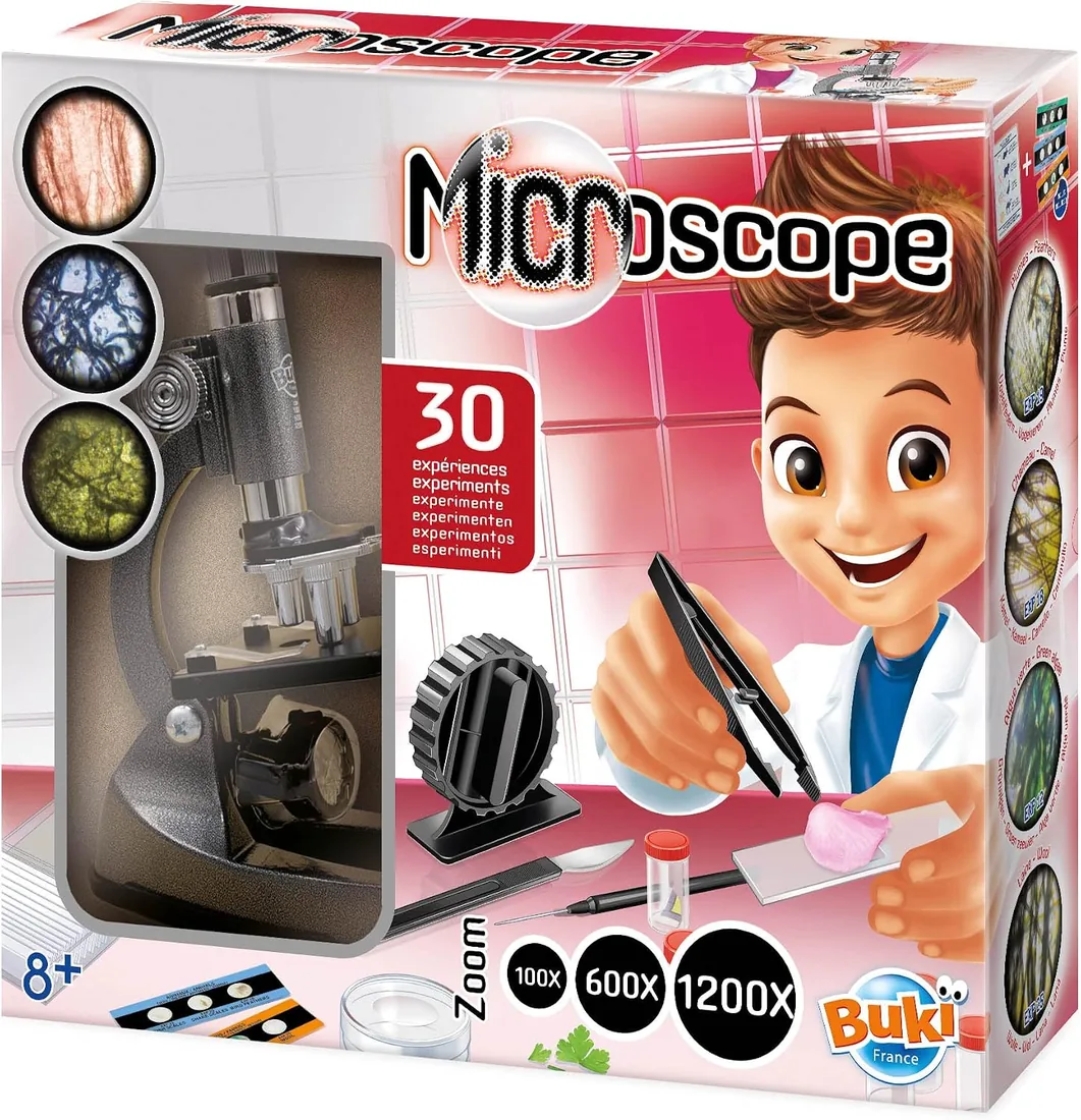 Buki France MS907B - Microscopio 30 experimentos | Kit STEM para niños, aumento de 200x a 1200x, luz LED, cuerpo de metal, diapositivas, viales y folleto ilustrado