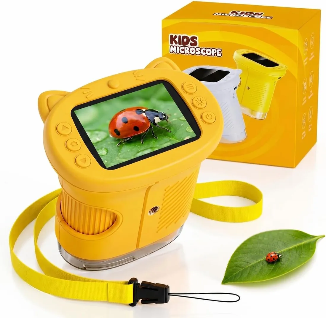 Microscopio para Niños, Microscopio Digital Infantil 4K Pantalla IPS 2.4" Zoom 1000X, Lupa Portátil 8 LED y Cámara Vídeo, Juguetes Stem Regalo Cumpleaños Niño y Niña 3-12 Años - Mandarina