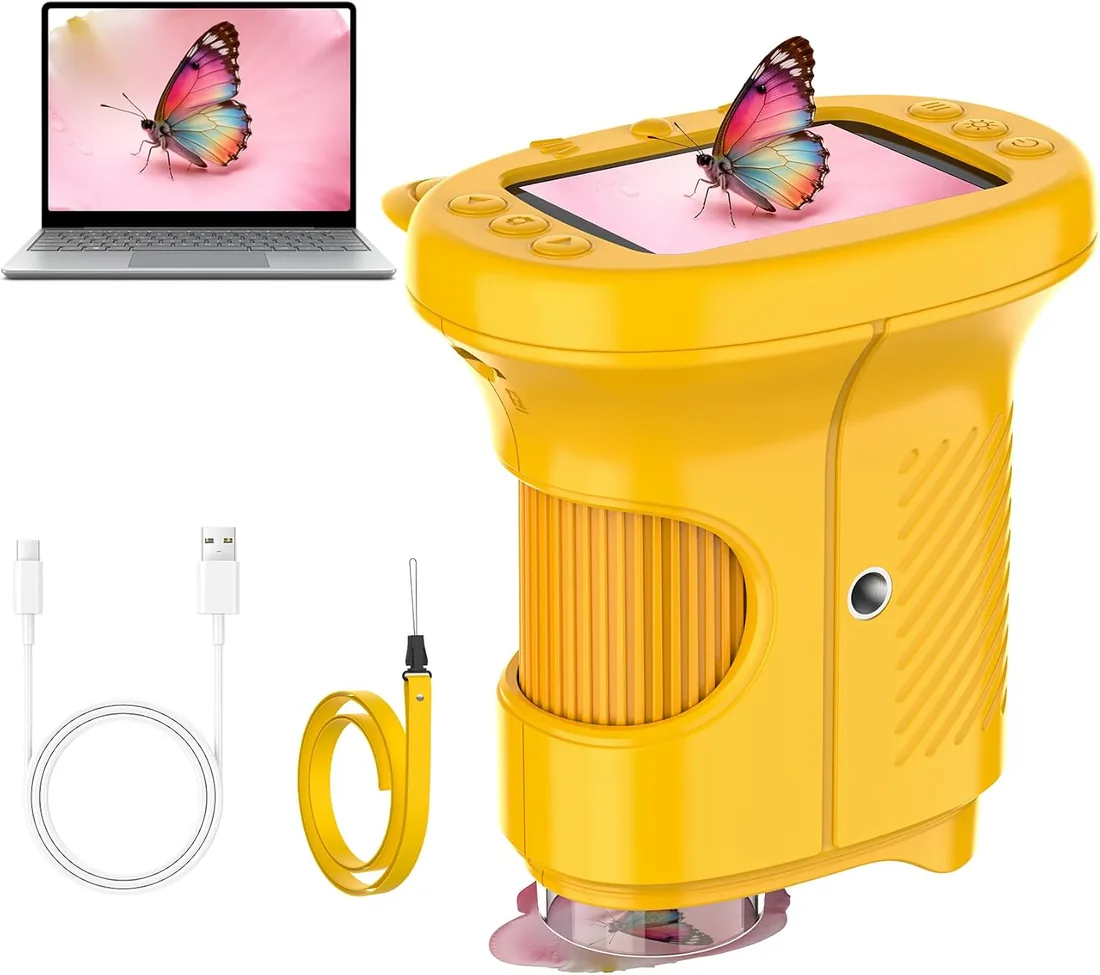 Microscopios para Niños, Microscopio Digitales USB con Zoom 1000X con Pantalla IPS de 2.4 Pulgadas, Mini Microscopio Portátiles de Bolsillo con 8 LED para Niños, Cumpleaños y Navidad (Naranja)