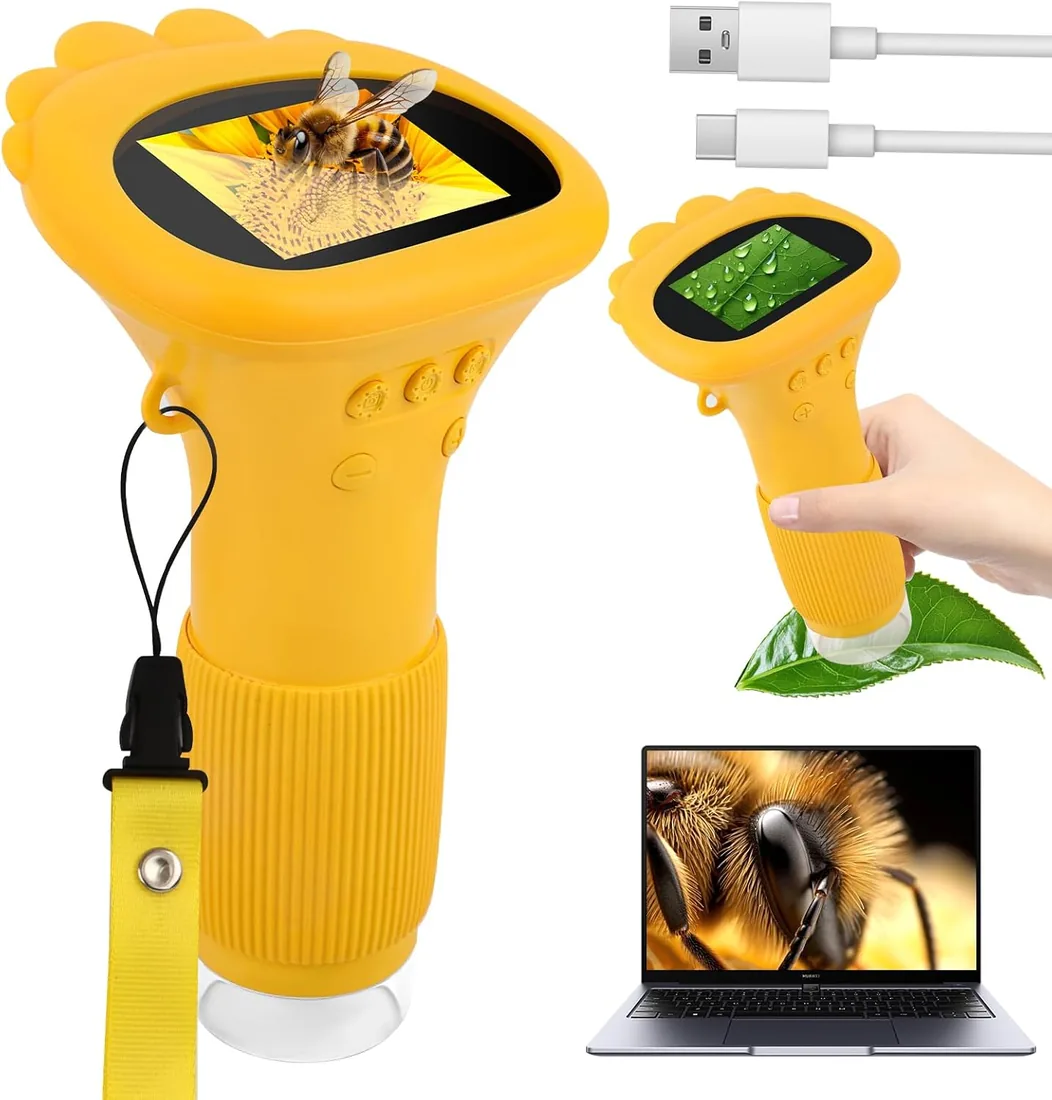 Talifoca Microscopio de mano para niños, 1000x Zoom, Pantalla IPS HD de 2 pulgadas, LED, Amarillo, Plástico