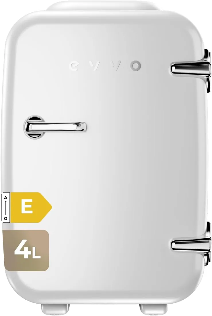 EVVO F4 Nevera Mini Retro Blanca 4L - Frigorífico Mini para Cremas, Maquillaje y Belleza | Mini Nevera Portátil para Habitación, Oficina y Coche | Función Frío y Calor | Silenciosa | 12V/220V