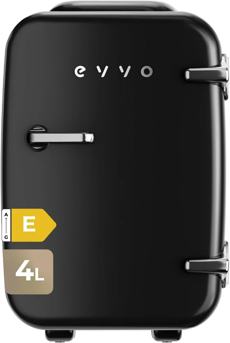 EVVO F4 Nevera Mini Retro Negro 4L - Frigorífico Mini para Cremas, Maquillaje y Belleza | Mini Nevera Portátil para Habitación, Oficina y Coche | Función Frío y Calor | Silenciosa | 12V/220V