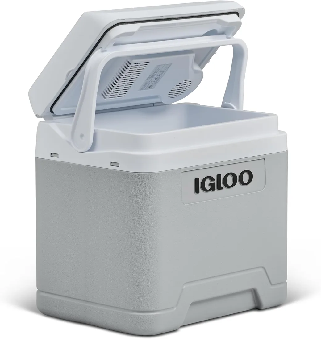 IGLOO IE24 Nevera Eléctrica, 12V y 230V, 24L – Mini Frigorífico Gris Compacto para Coche, Camping, Viajes, Barco y Festivales – Ligera, Portátil, con Compartimento para Cables y Modo Eco/MAX