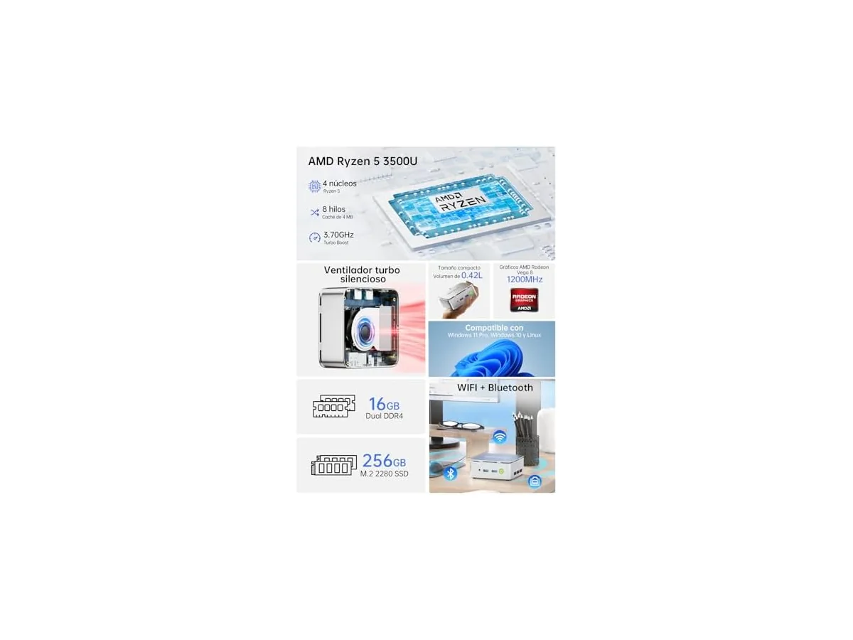 GMKtec Mini PC AMD Ryzen 5 W11 Pro 3500U (Rendimiento Superior a 4300U/N150/N100/N95 4C/8T 4.50 GHz),… foto 2