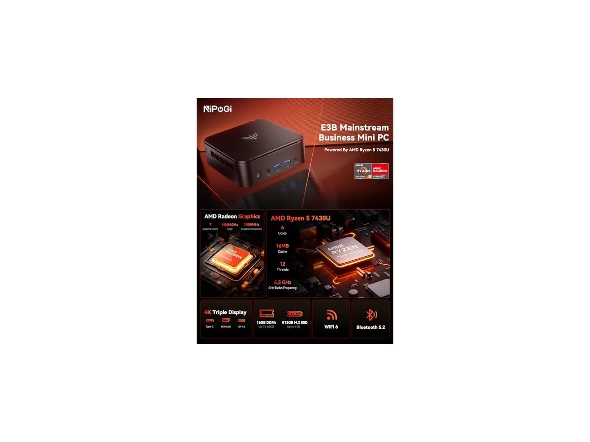 NiPoGi E3B Mini PC АMD Ryzen 5 7430U(hasta 4,3GHz) 16GB DDR4 512GB M.2 SSD, Mini Computadora de… foto 2