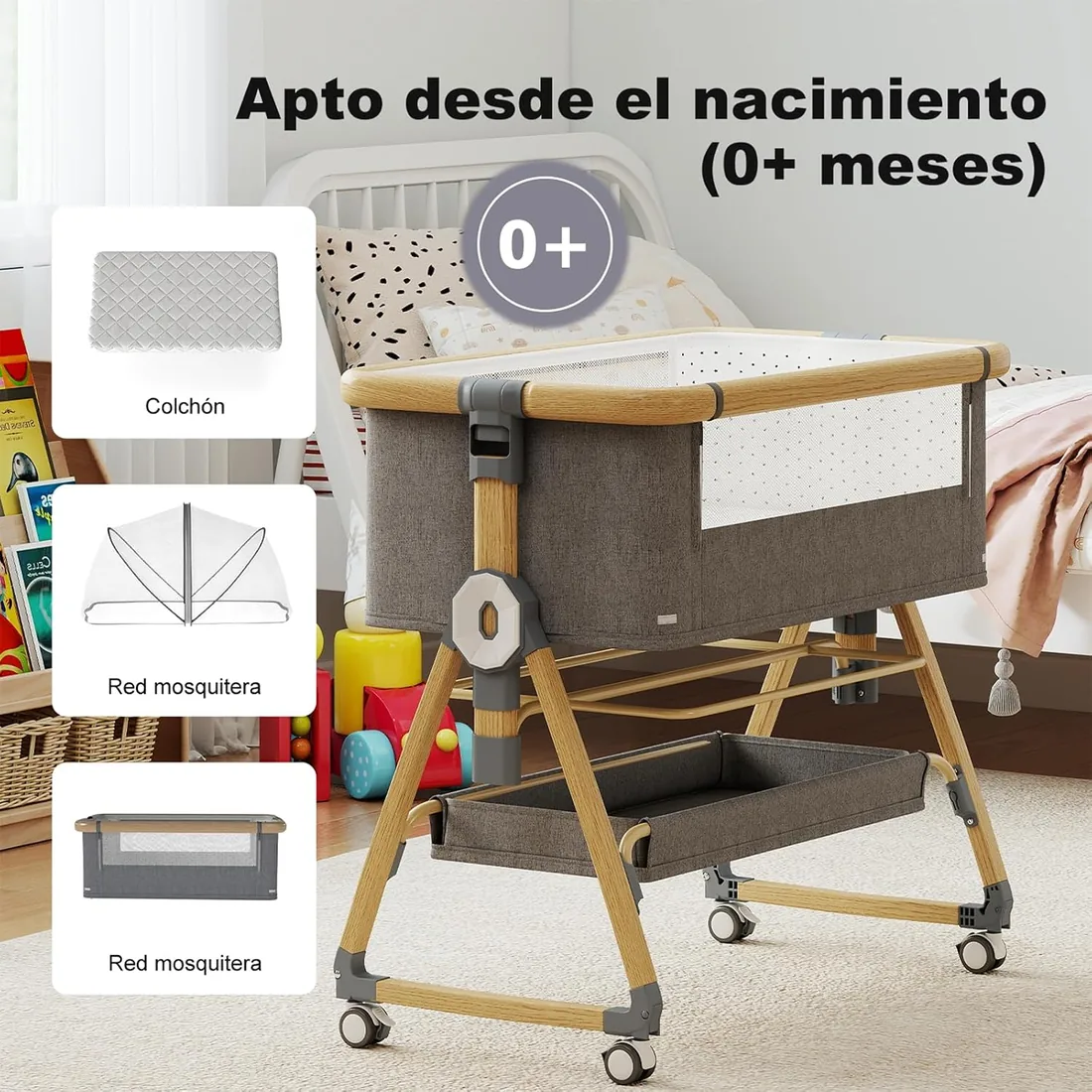 Cuna Colecho 3 en 1 para Bebé con Colchón, Ruedas y Mecedora foto 2