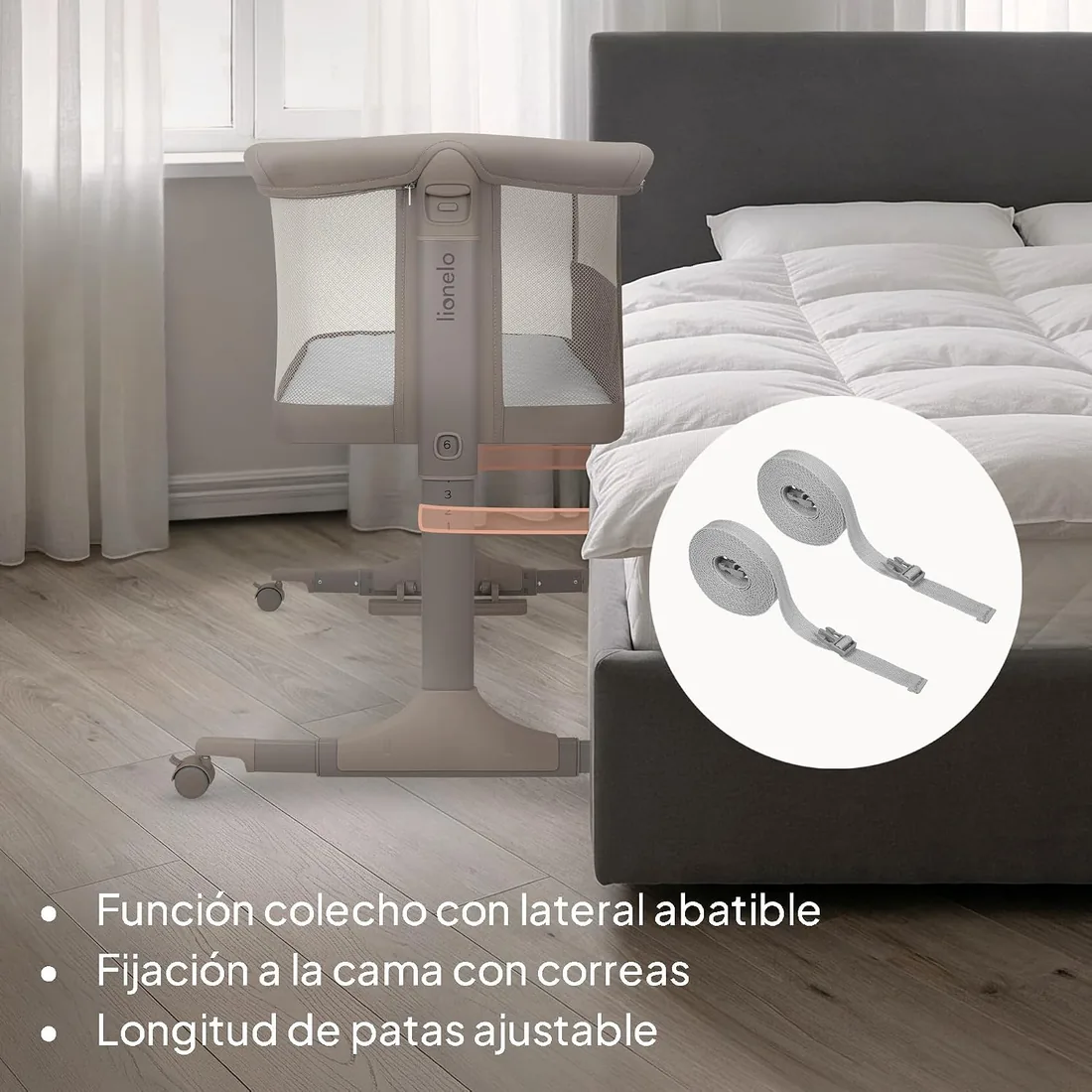 lionelo Pari Cuna 3 en 1 hasta 9 kg, Cuna de colecho, Cama Mecedora, Ajuste de Altura e inclinación del colchón, 4 Ruedas con Freno, Colchón Ergonómico, Malla Transpirable, Bolsa, Minicuna foto 3