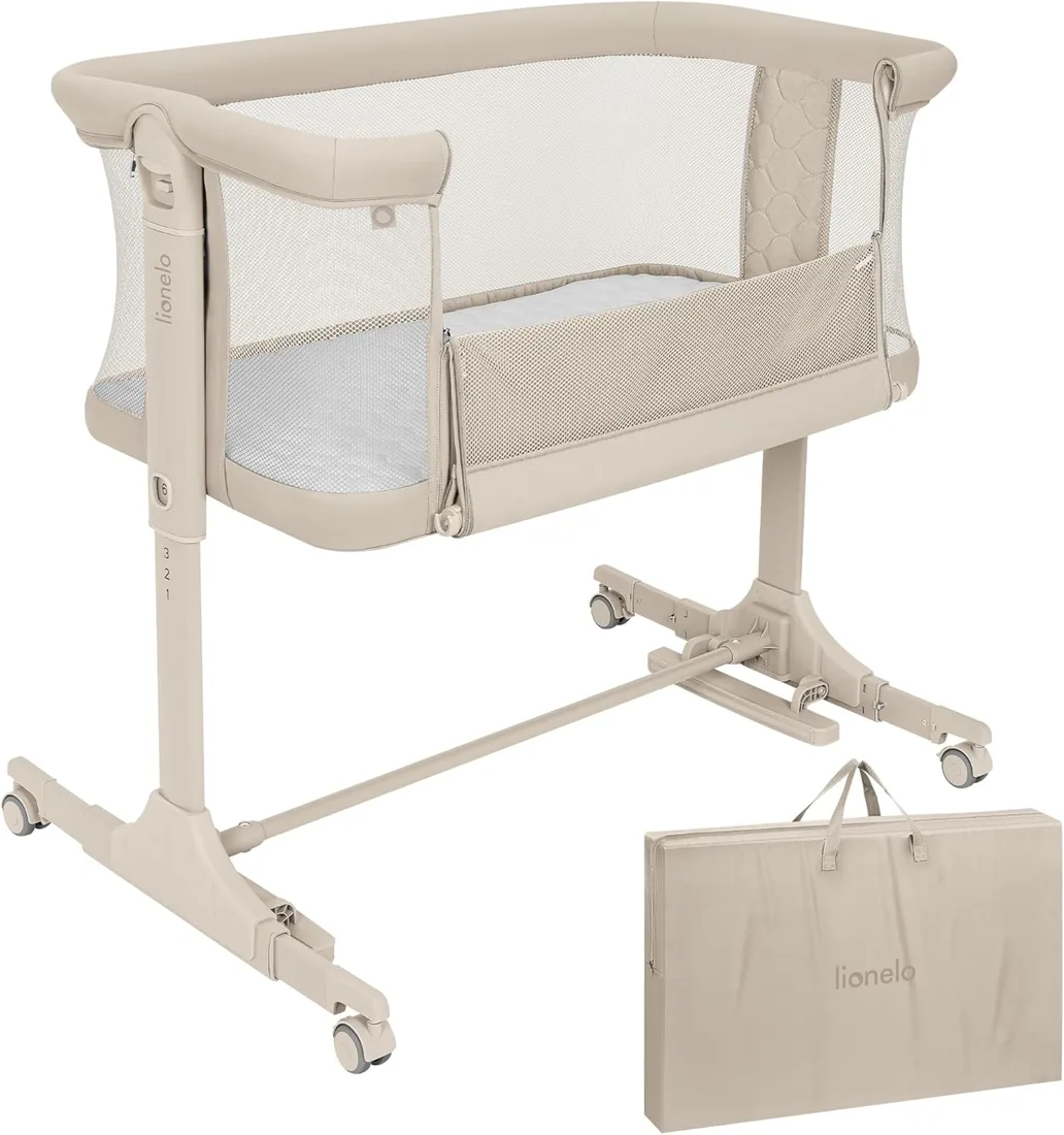 lionelo Pari Cuna 3 en 1 hasta 9 kg, Cuna de colecho, Cama Mecedora, Ajuste de Altura e inclinación del colchón, 4 Ruedas con Freno, Colchón Ergonómico, Malla Transpirable, Bolsa, Minicuna foto 2
