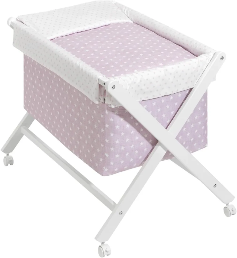 mibebestore Minicuna de Tijera Plegable de Madera con Ruedas y Frenos – Incluye Colchón, Colcha, Almohada y Textil 100% Algodón – hasta 9 Meses – Blanco/Rosa