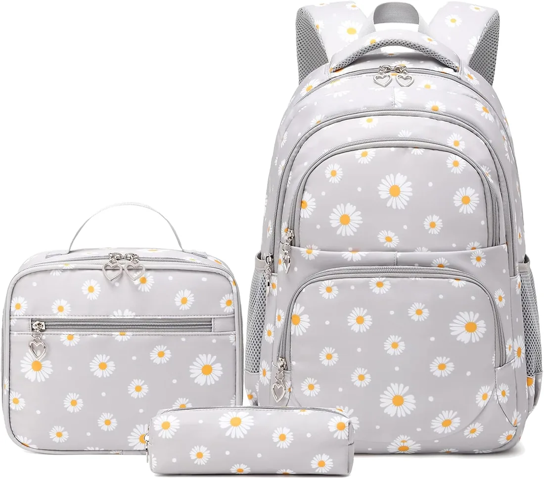 Juego de mochila escolar con estuche de lápices de 3 piezas para la escuela secundaria, Margarita gris