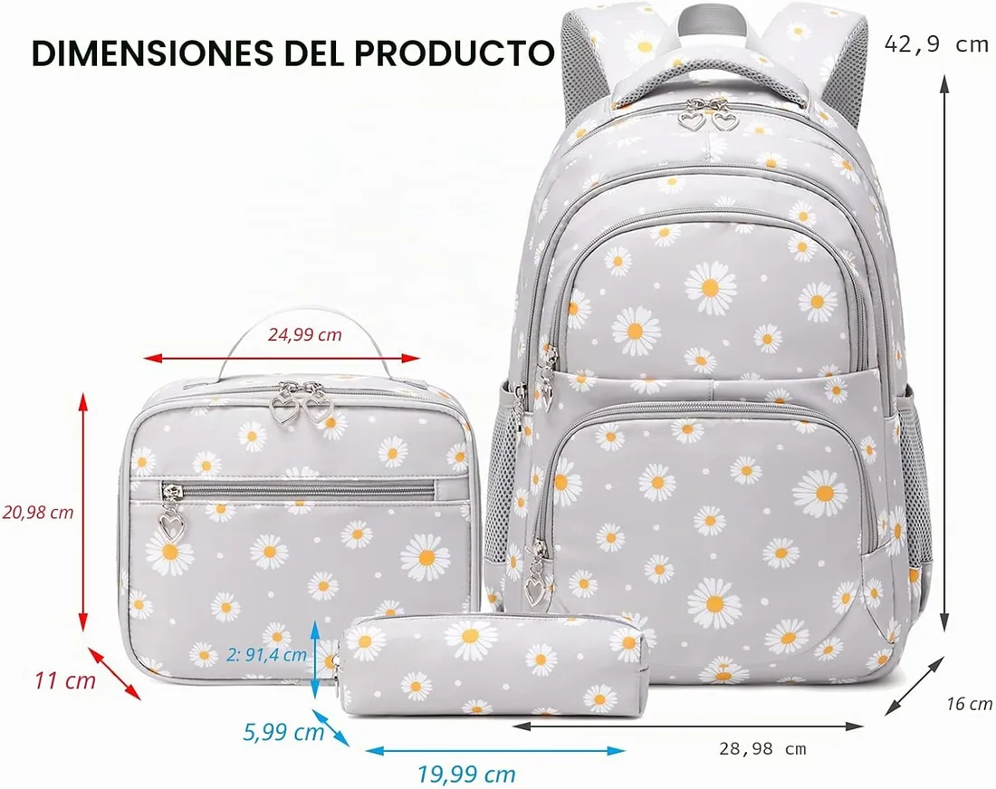 Juego de mochila escolar con estuche de lápices de 3 piezas para la escuela secundaria, Margarita gris foto 2