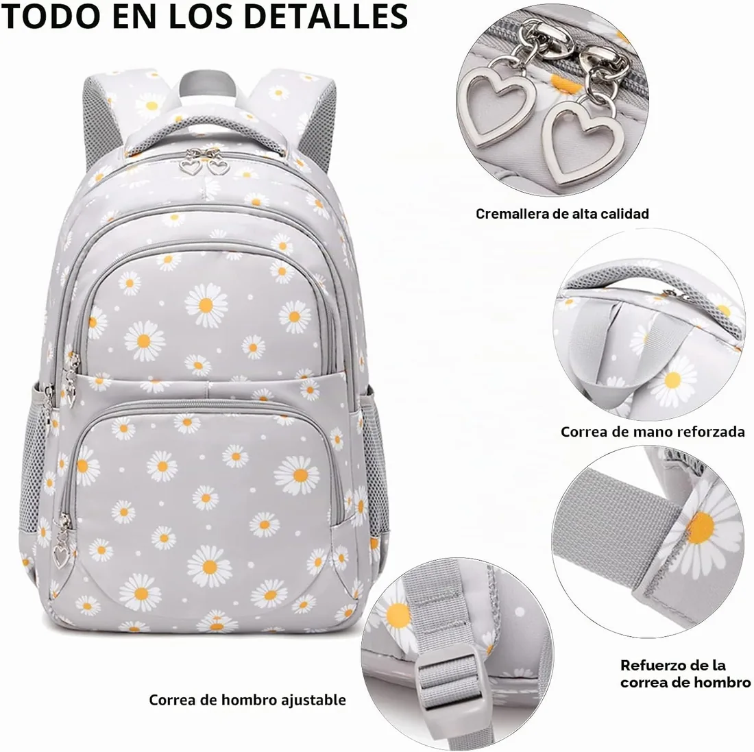 Juego de mochila escolar con estuche de lápices de 3 piezas para la escuela secundaria, Margarita gris foto 3