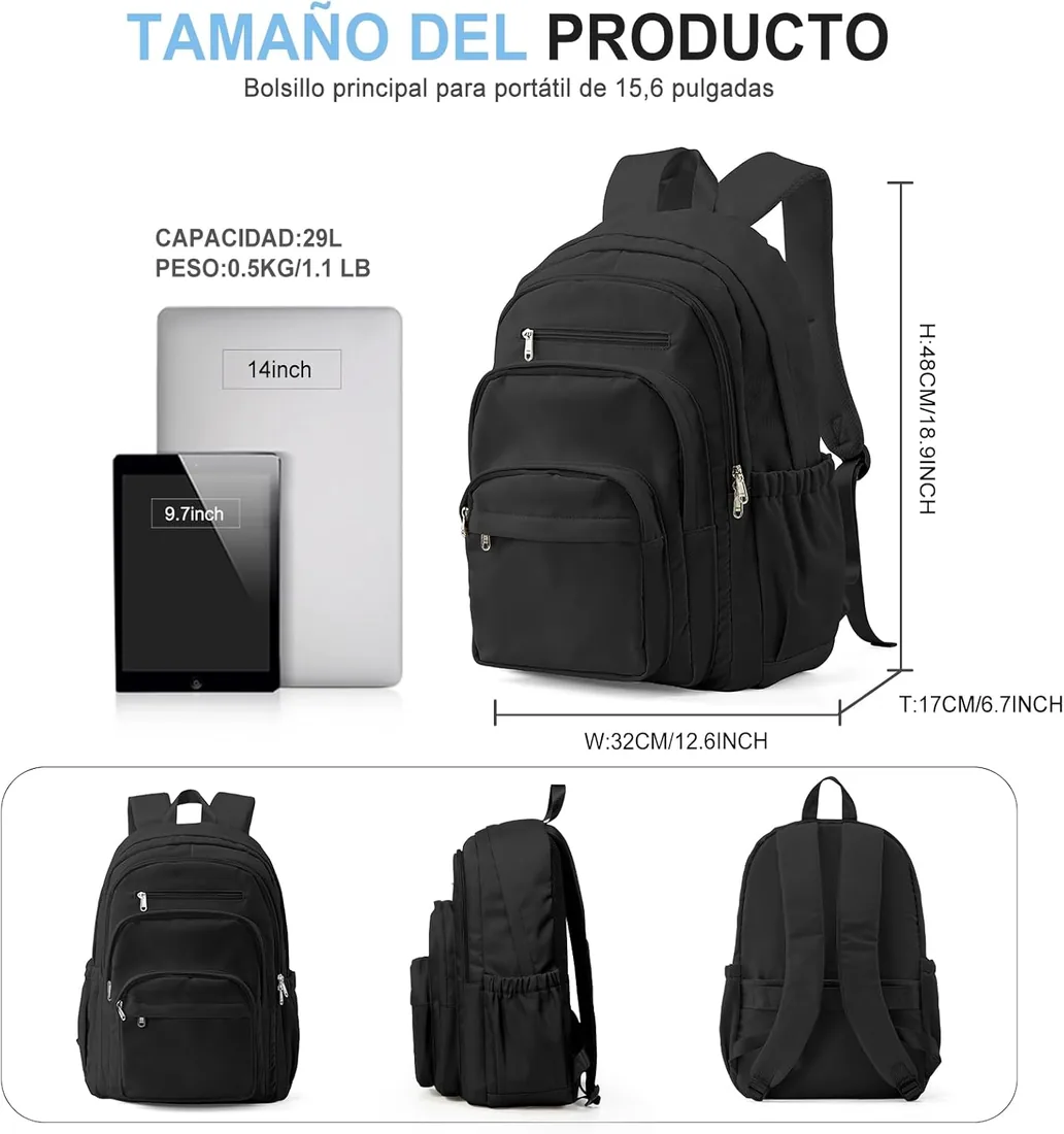 Mochila Colegio Casual Ligera Adolescente, Niña Niño Mochilas Escolares Ordenador Portatil 14 pulgadas, Imperméable Mochila de Viaje, Mochila Escolar Hombre Mujer(Negro) foto 3