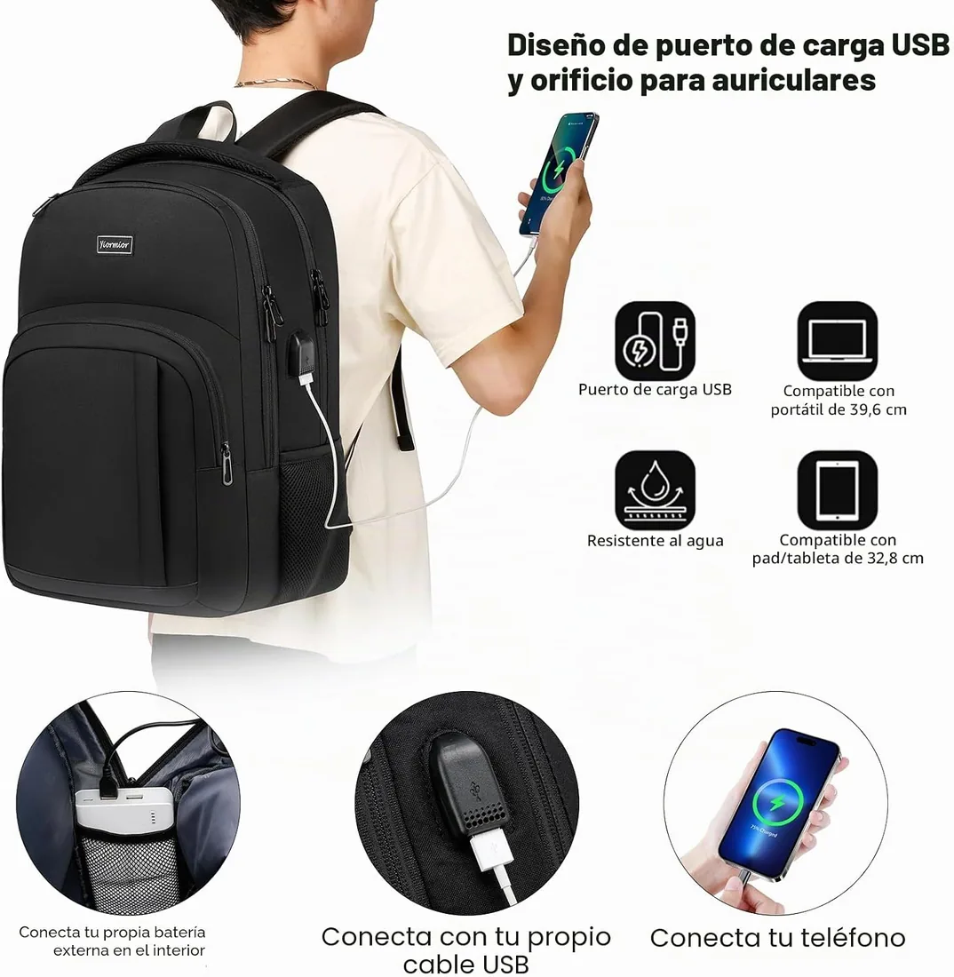 Mochila Hombre Mujer, Mochila Escolar Adolescente Juveniles Mochilas Escolares Mochila Universidad Ordenador Portatil 15.6 Pulgadas Mochila Portatil con Puerto USB foto 2