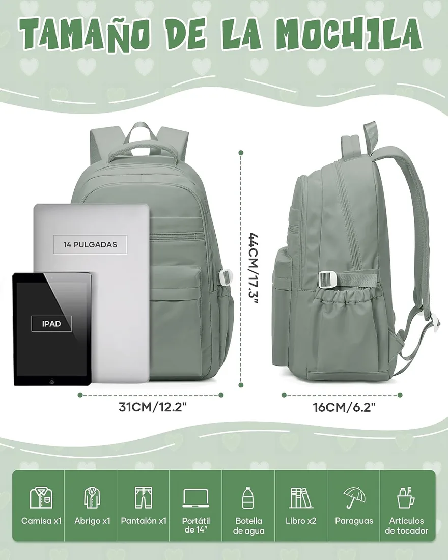 Mochila Instituto Compartimento, Mochilas Universidad para Portátil de 14 Pulgadas, Mochilas Escolares Impermeable Ligera, Backpack Hombre Mujer Casual, verde foto 2