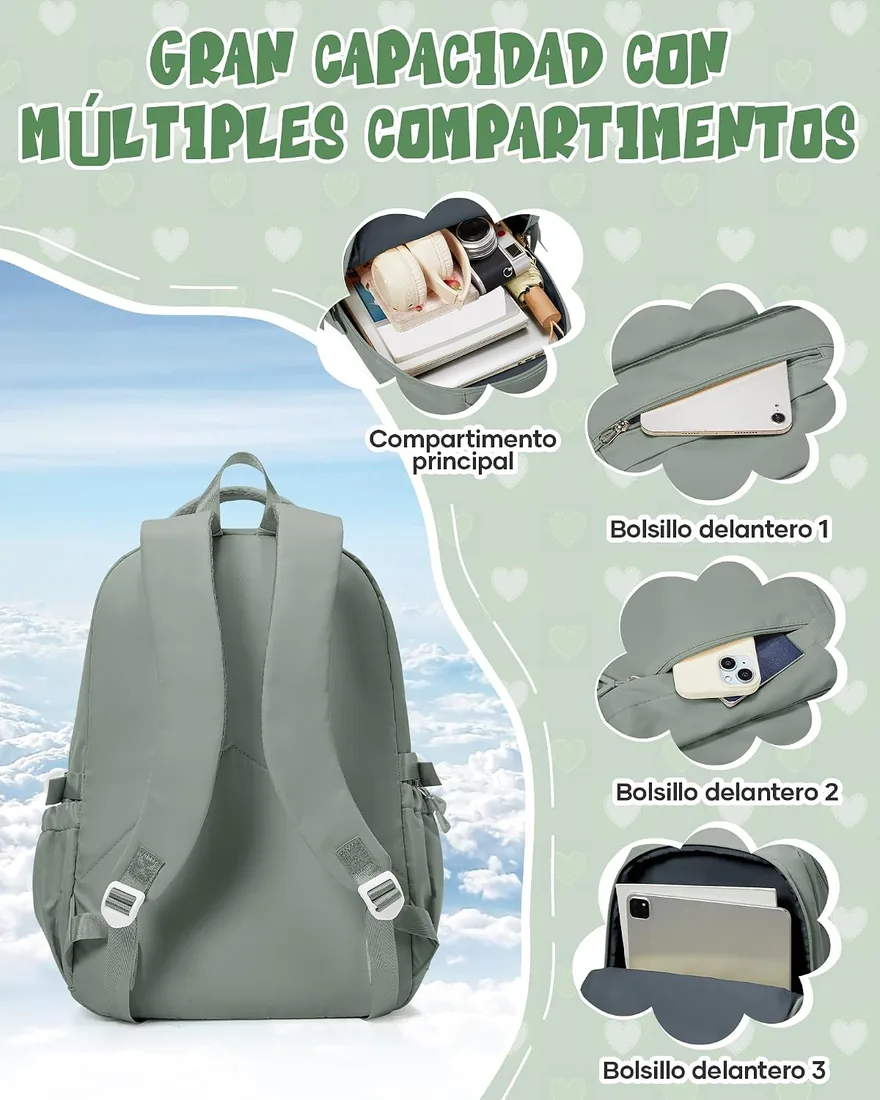 Mochila Instituto Compartimento, Mochilas Universidad para Portátil de 14 Pulgadas, Mochilas Escolares Impermeable Ligera, Backpack Hombre Mujer Casual, verde foto 3