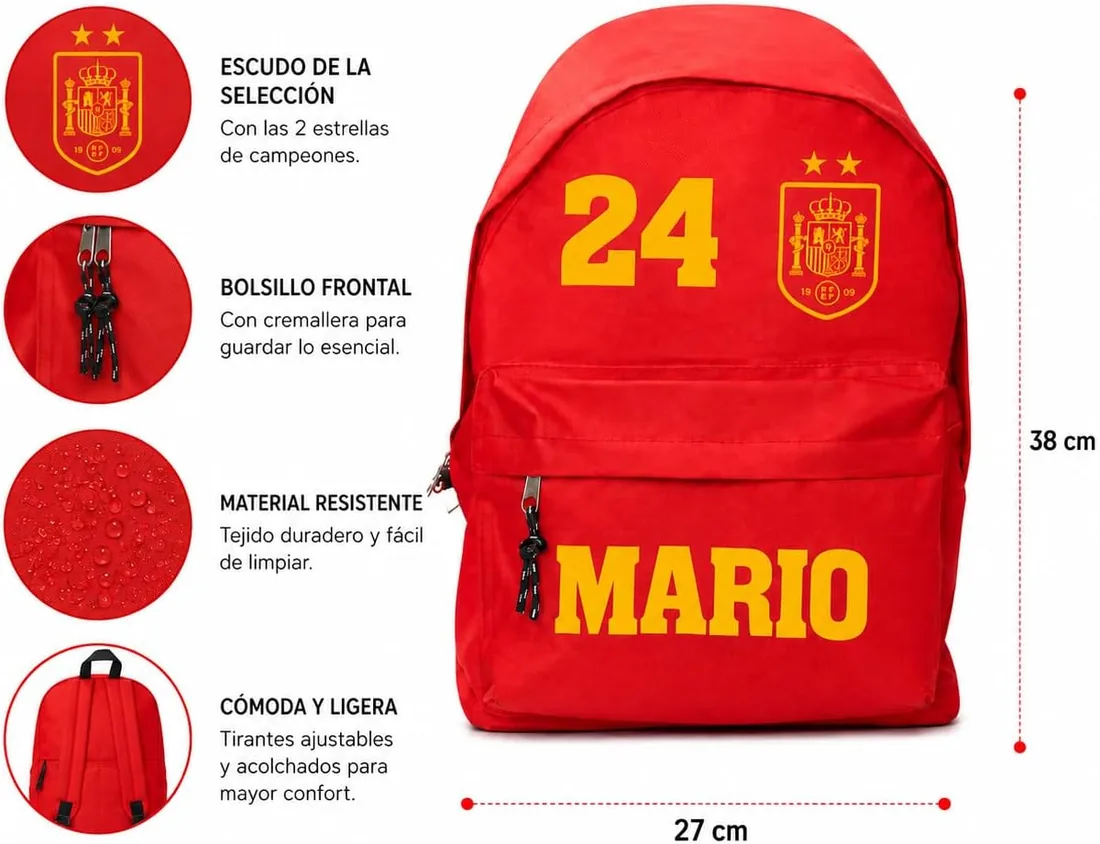 | Mochila Personalizada con Nombre y Numero | Española | Mochila Escolar Infantil | Regalo para Niño y Niña | Vuelta al Cole | Fútbol | 38 x 40 cm foto 2