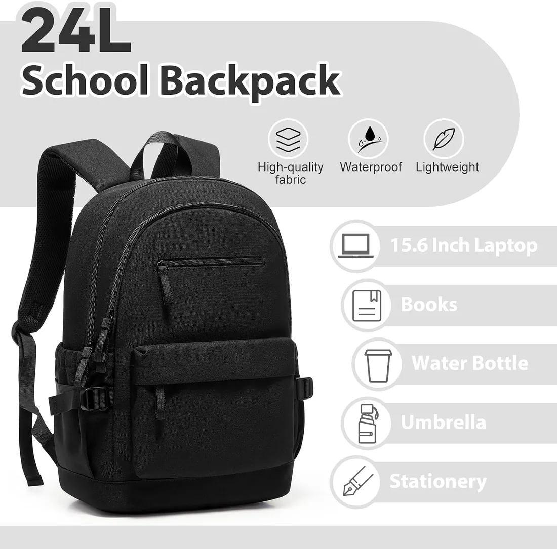 Mochila Viaje Mujer Hombre, Mochila Escolar Adolescente Niña Impermeable Ordenador Portatil 14 Pulgadas para Instituto, Universidad, Trabajar, Negra foto 2