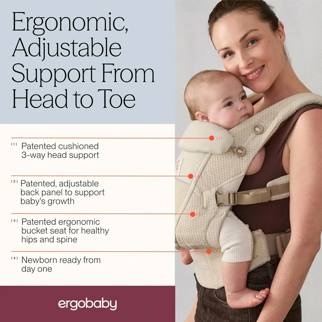Ergobaby Mochila portabebé Adapt para recién nacidos desde el nacimiento, portabebé ergonómico de malla SoftFlex de 3 posiciones para transportar en el abdomen y en la espalda, Slate Blue foto 2
