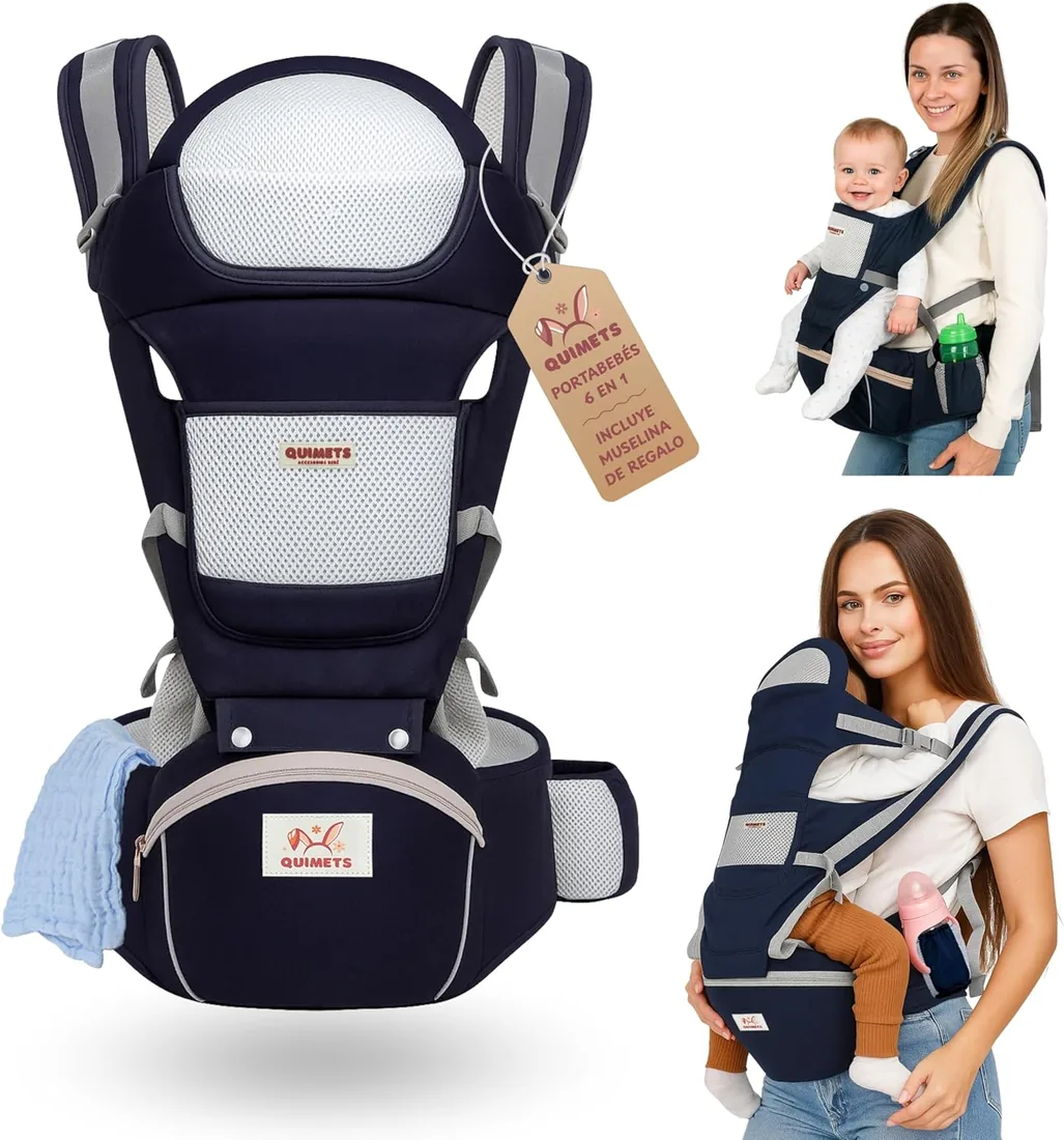 Mochila Portabebés 6 en 1 Recién Nacido Transpirable y Ergonómica – Suave, Ligera e Ideal para Largos Paseos – Ajuste Cómodo para Mamá y Papá – Incluye Muselina de Regalo