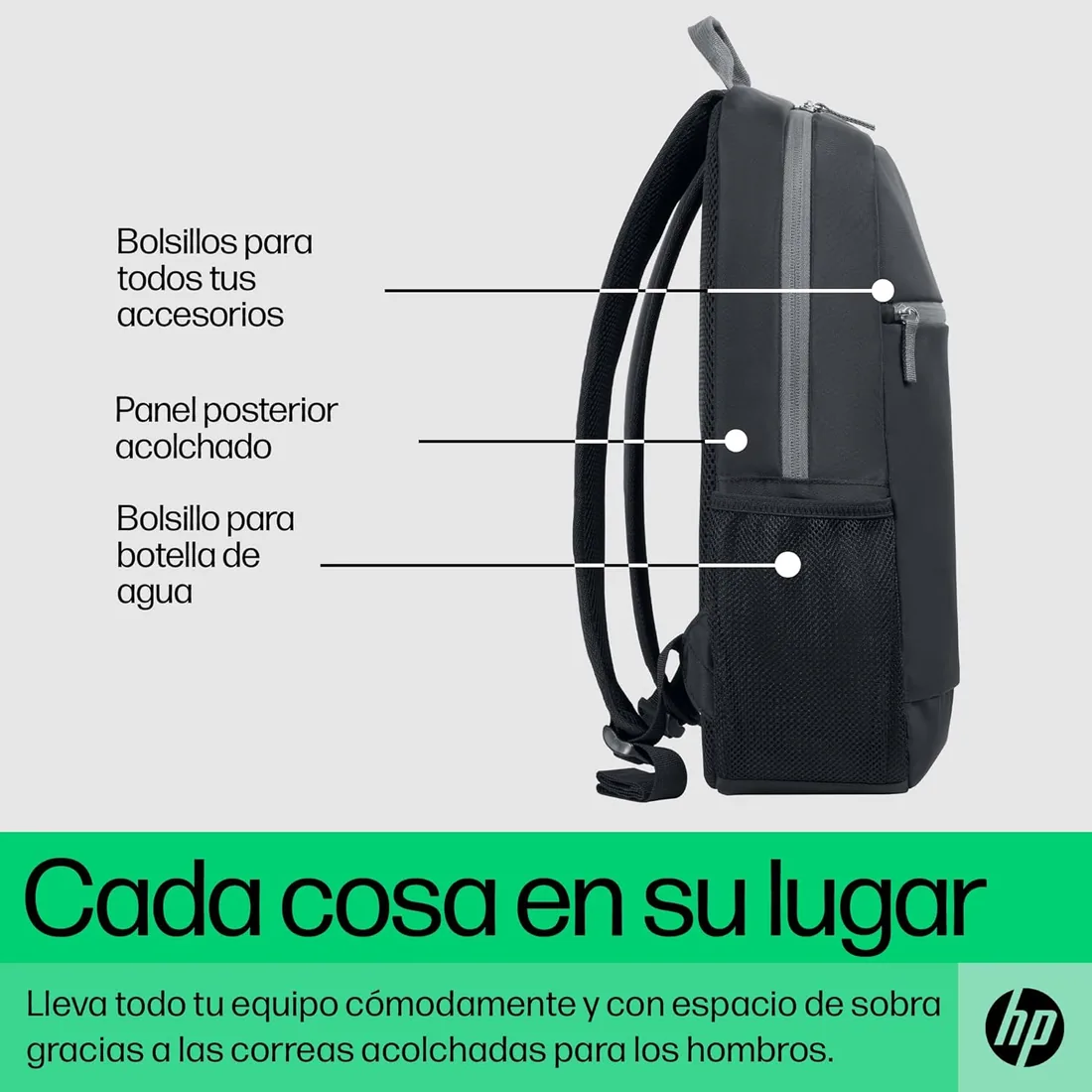 HP Mochila para Ordenador Portátil de 15,6" (Compartimiento, Correas y Respaldo Acolchados, Resistente al Agua, Cremallera Superior) Color Negro y Gris foto 2