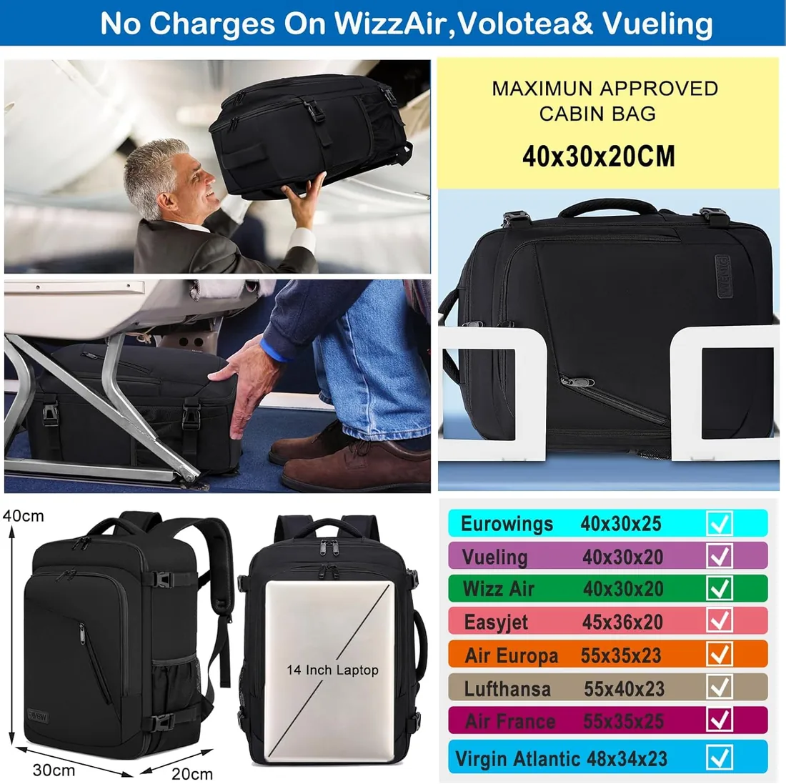 Mochila Viaje Cabina Avion 40x30x20 para Ryanair Equipaje de Mano para Vueling 24L Bolsa de Viaje Hombre Mujer Maletas de Viaje Cabina Mochila Portatil 14 Pulgadas con Puerto USB para Trabajo Negro foto 2
