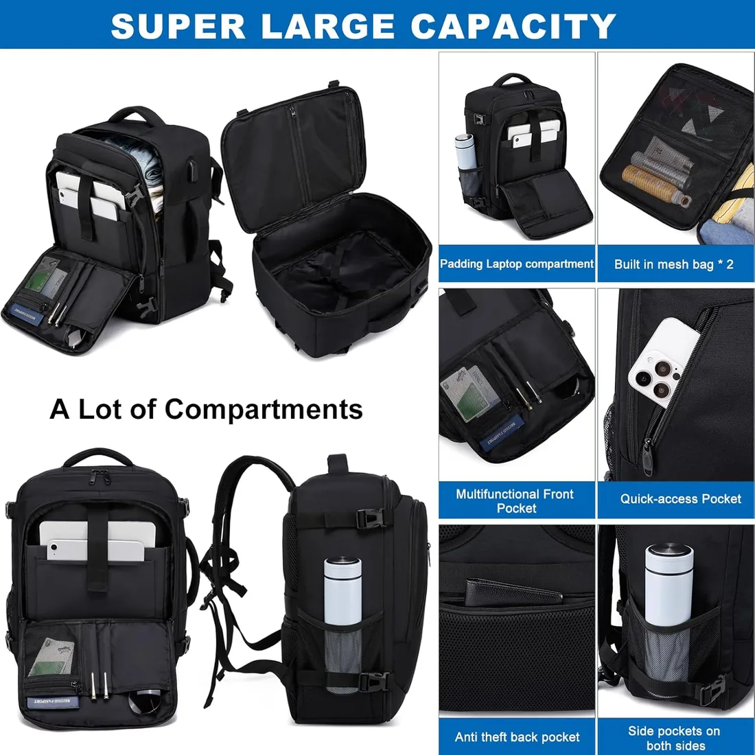 Mochila Viaje Cabina Avion 40x30x20 para Ryanair Equipaje de Mano para Vueling 24L Bolsa de Viaje Hombre Mujer Maletas de Viaje Cabina Mochila Portatil 14 Pulgadas con Puerto USB para Trabajo Negro foto 3