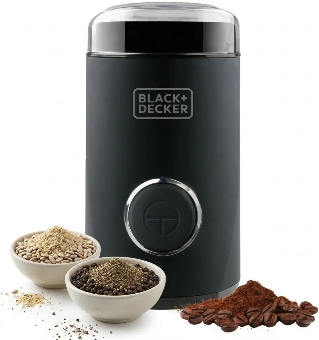 BLACK+DECKER BXCG150E - Molinillo de Café | Eléctrico 150W | 12 Tazas Café | Café y Especias | Depósito Granos 50g | Compacto | Cuchillas y Depósito Acero Inox | Tapa Transparente | Recogecable