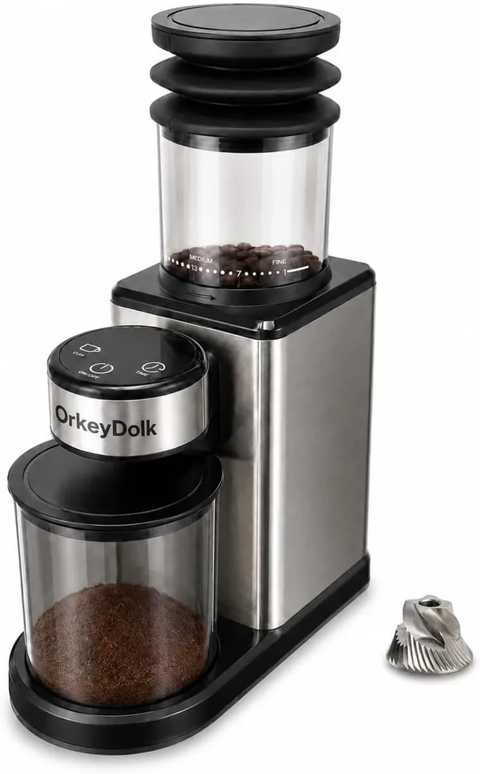 Molinillo de café eléctrico para el hogar, molino cónico de acero inoxidable, 25 ajustes de molienda, molinillo de café silencioso para espresso, café filtro y moka foto 3