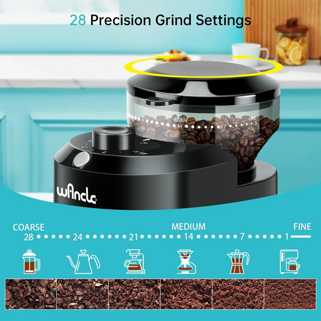 Molinillo de Café, Molinillo de Café Eléctrico Wancle, Molinillo de Café Ajustable para Granos de Café, con 28 Ajustes de Molido Preciso para 12 Tazas (Plástico, Negro) foto 2