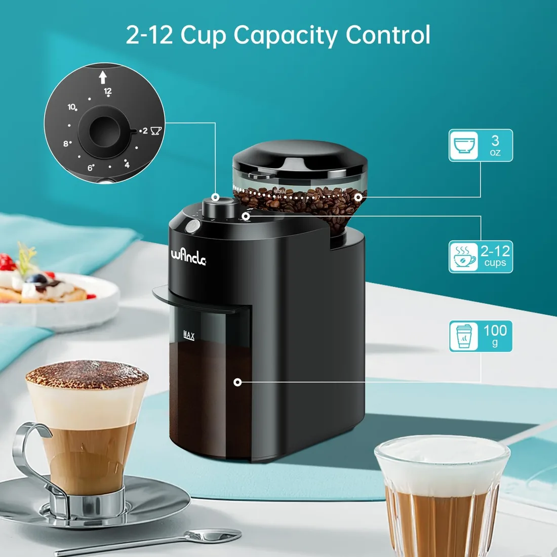 Molinillo de Café, Molinillo de Café Eléctrico Wancle, Molinillo de Café Ajustable para Granos de Café, con 28 Ajustes de Molido Preciso para 12 Tazas (Plástico, Negro) foto 3